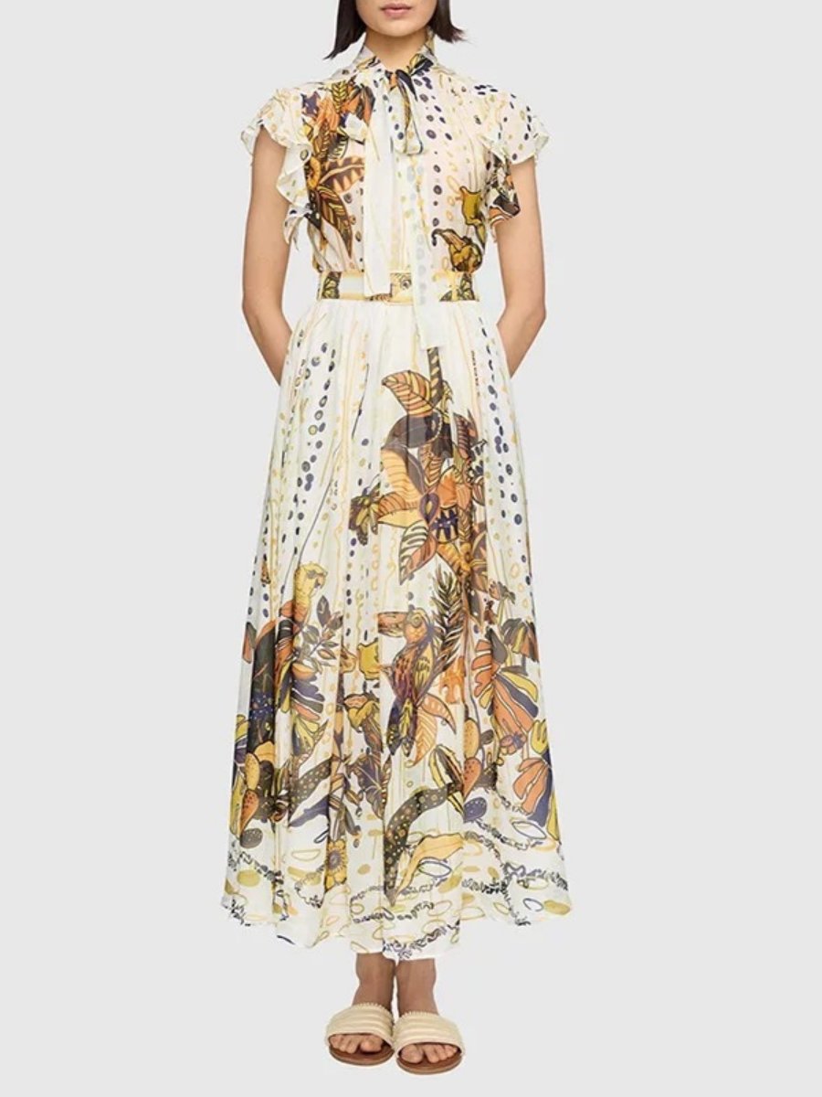 Flower And Bird Print Elegant Maxi Dress