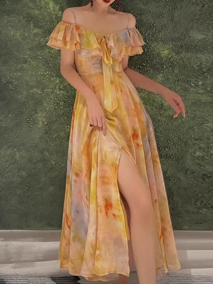 Oil Print Ruffled Maxi Dress