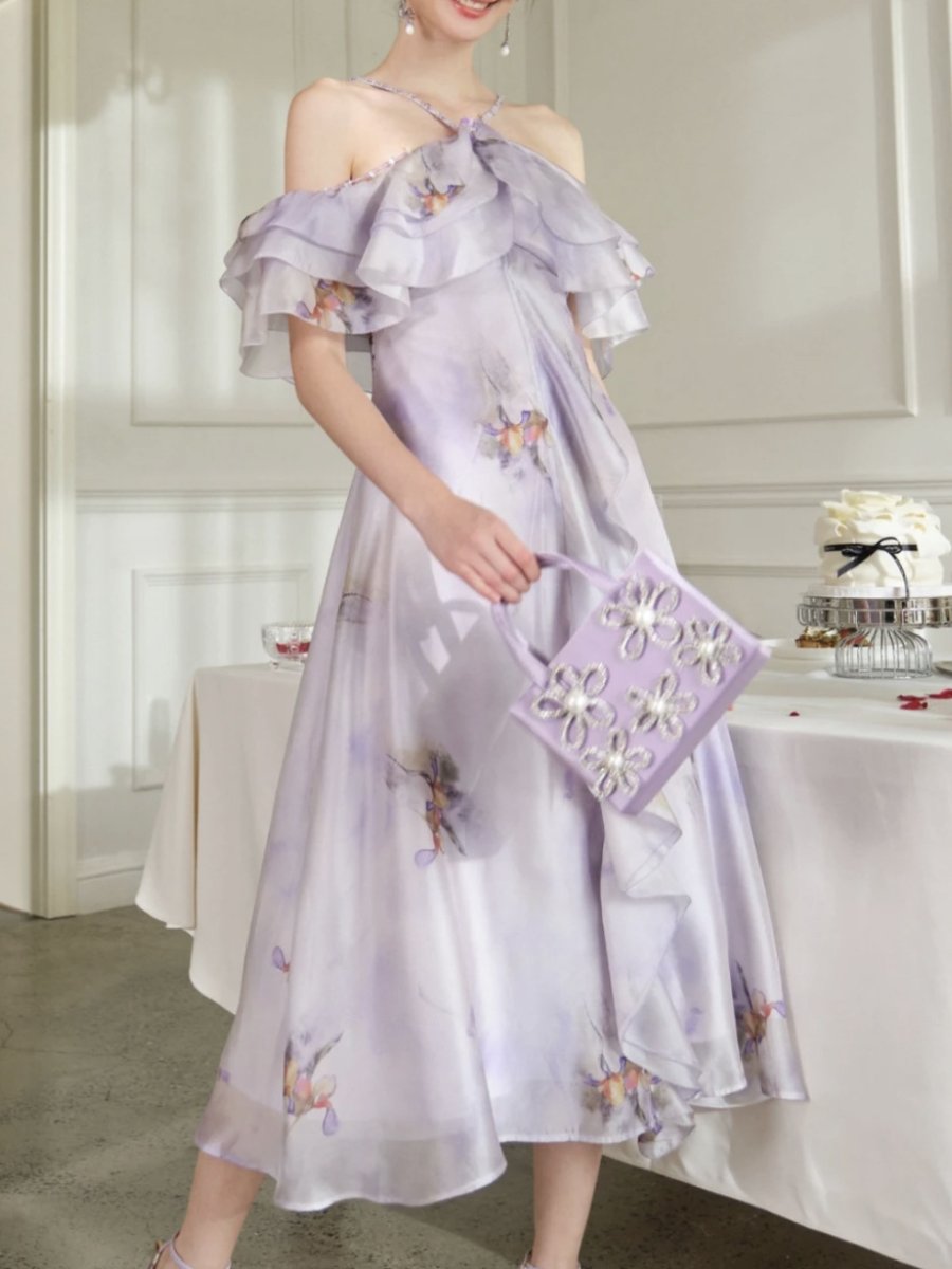 Elegant Purple Floral Midi Dress
