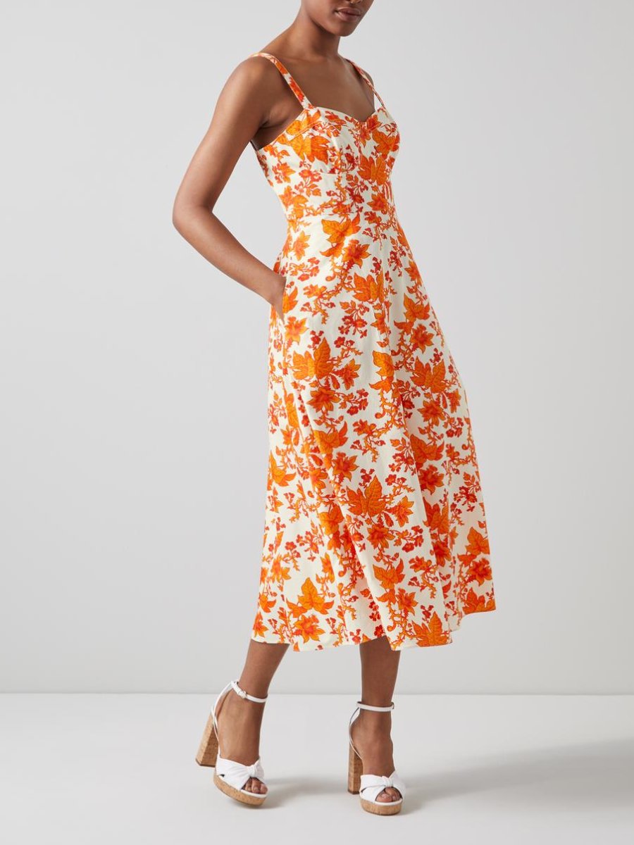 Orange Vine Leaf Print Cotton Sun Midi Dress