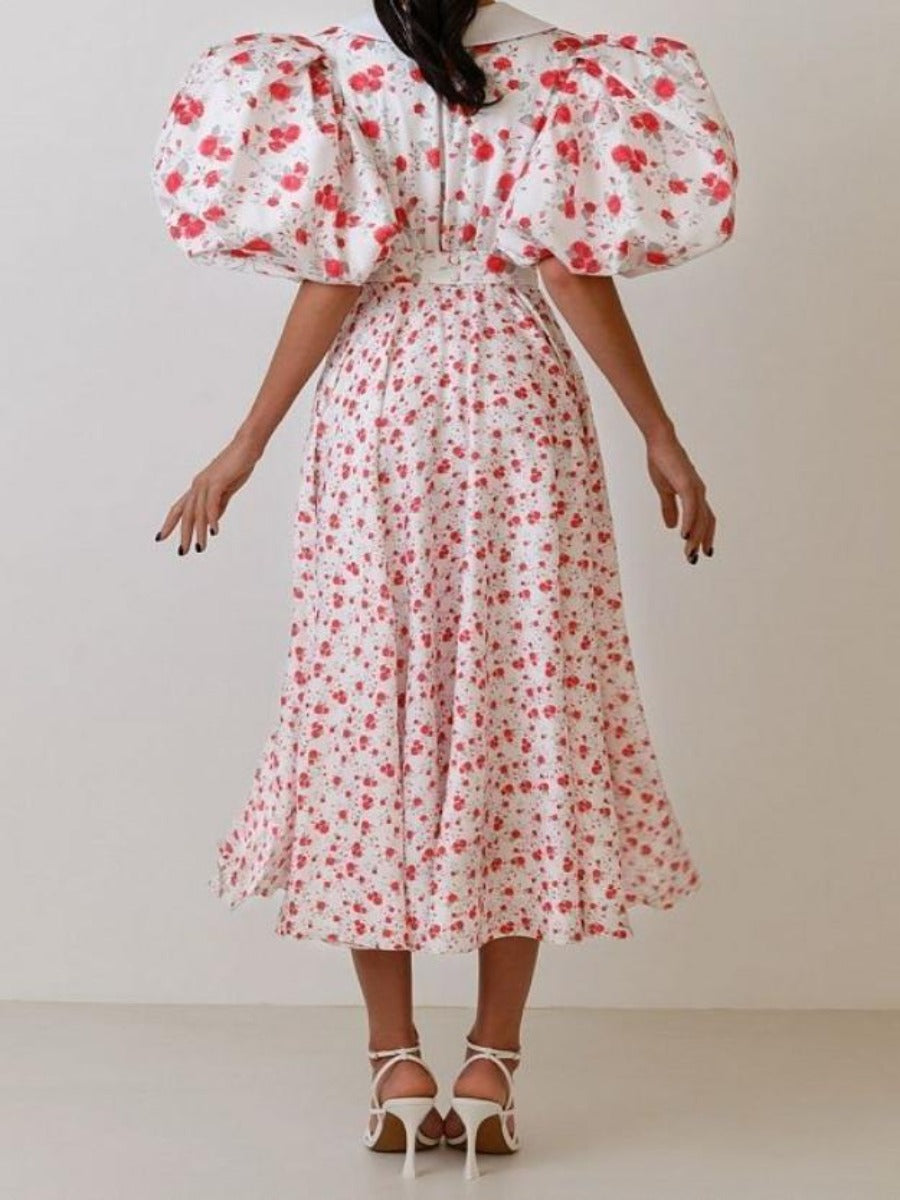 Bubble Sleeve Floral Print Midi Dress