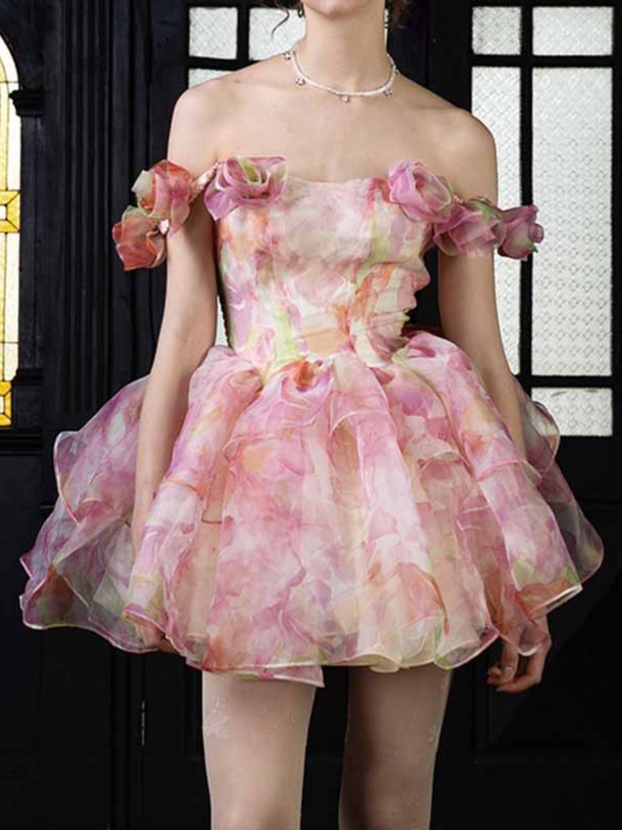 Pink Stereo 3D Floral Off Shoulder Strap Mini Dress