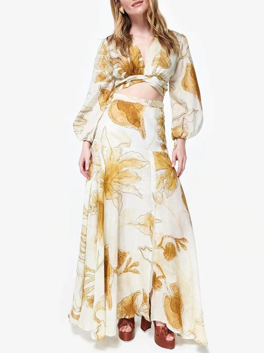 V-Neck Lantern-Sleeve Printed Two Piece Dress