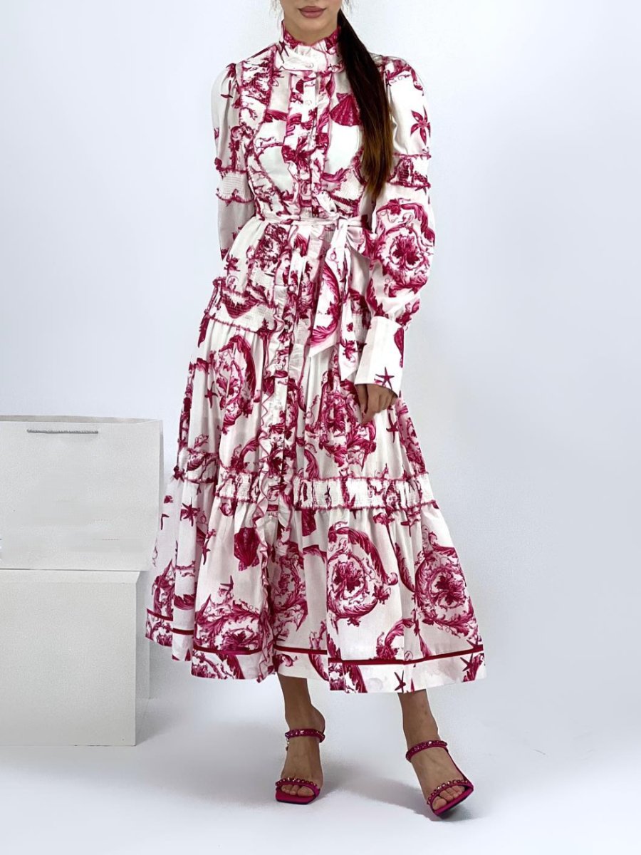 Long Sleeve Belt Red Floral Print Maxi Dress