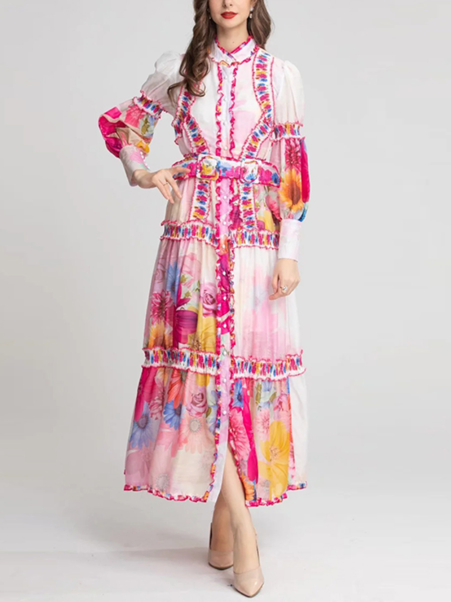 Contrast Lantern Sleeve Long Sleeve Maxi Dress