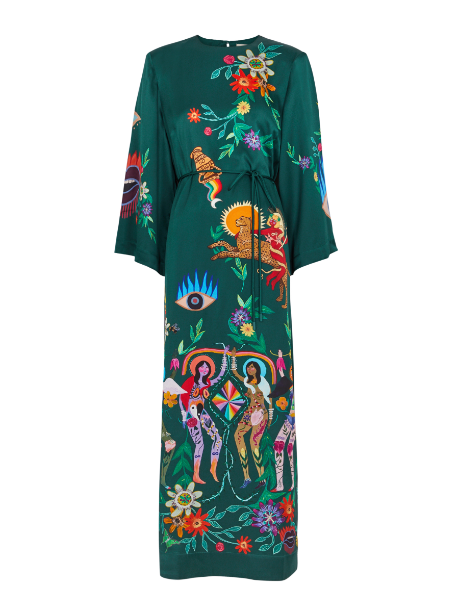 Folk Art Pattern Green Maxi Dress