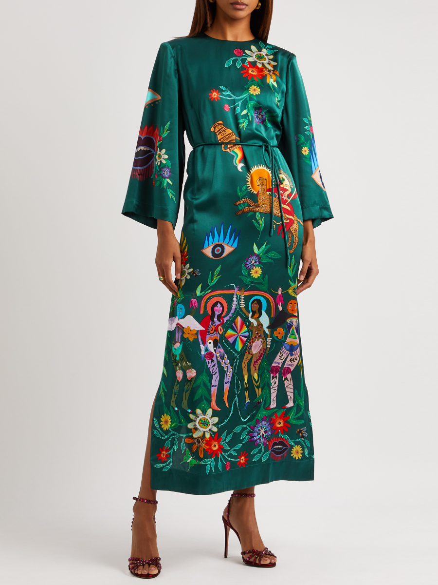 Folk Art Pattern Green Maxi Dress