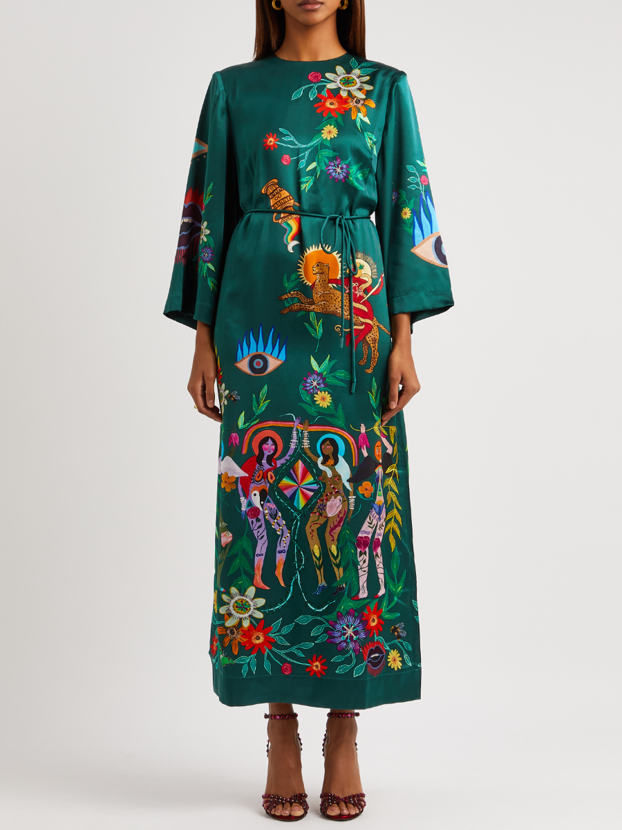 Folk Art Pattern Green Maxi Dress