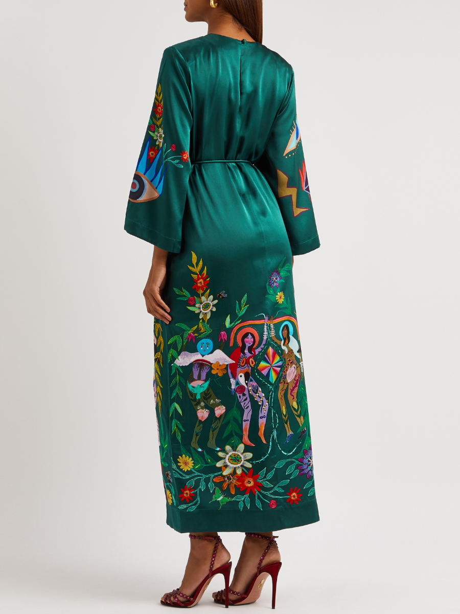 Folk Art Pattern Green Maxi Dress