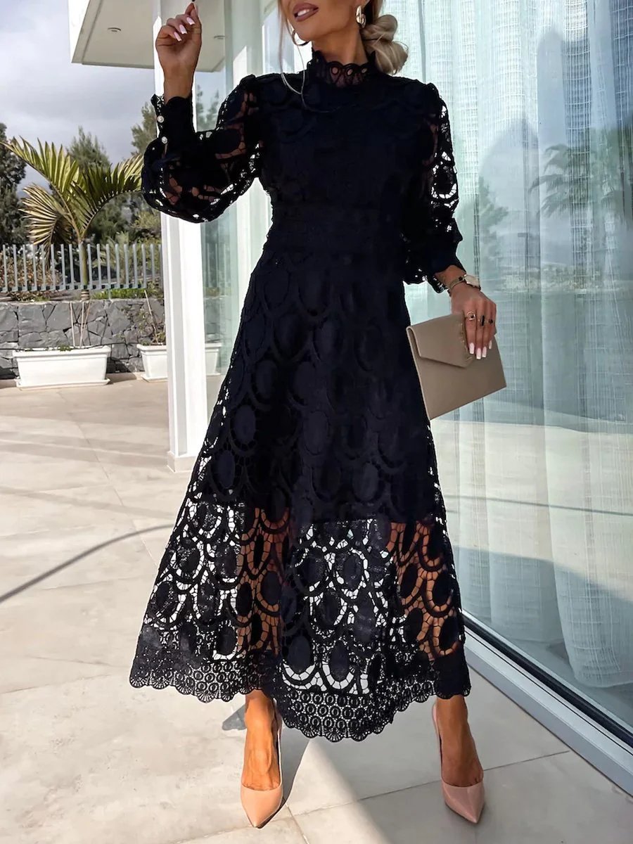 Elegant Crochet Lace Lantern Sleeve Maxi Dress