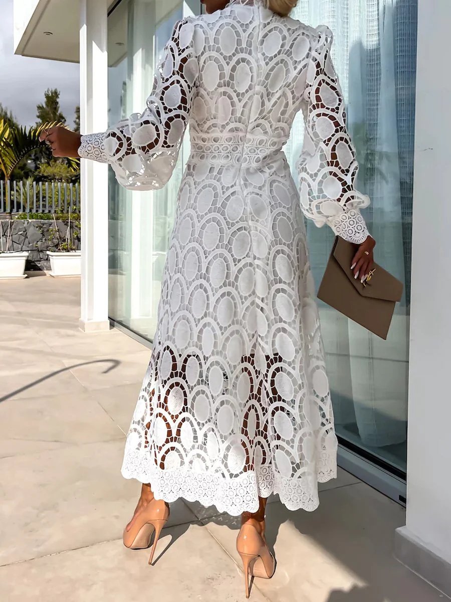 Elegant Crochet Lace Lantern Sleeve Maxi Dress