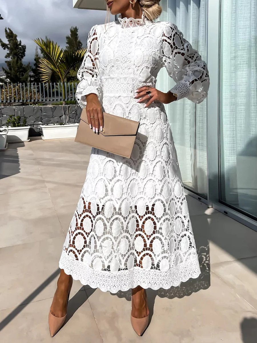 Elegant Crochet Lace Lantern Sleeve Maxi Dress