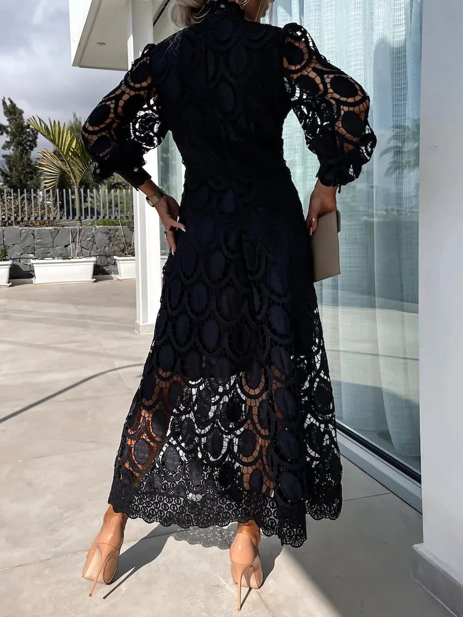 Elegant Crochet Lace Lantern Sleeve Maxi Dress