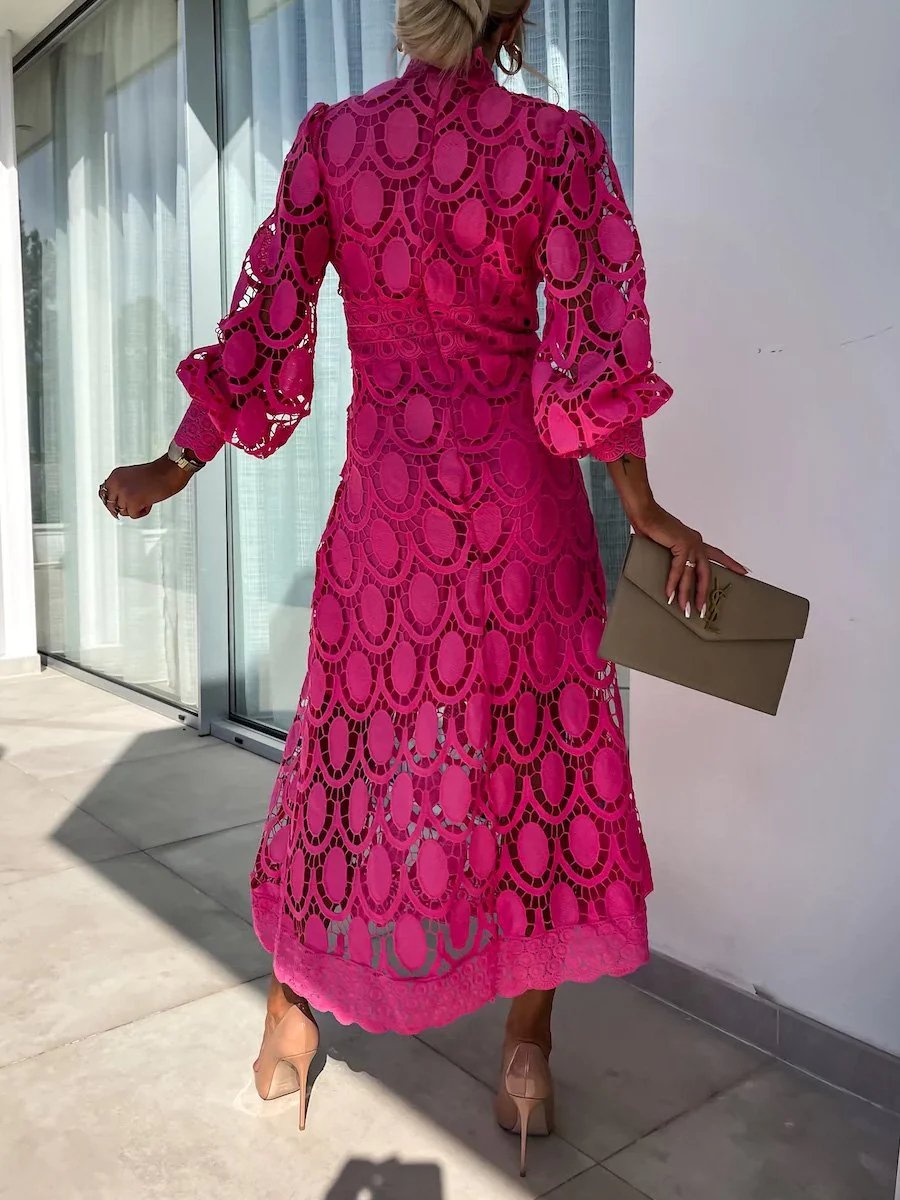 Elegant Crochet Lace Lantern Sleeve Maxi Dress