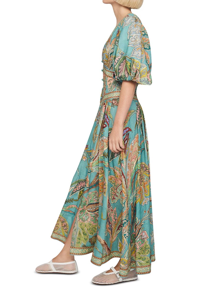 Puff Sleeve Pleated Deep V-neck Printed Maxi Dress