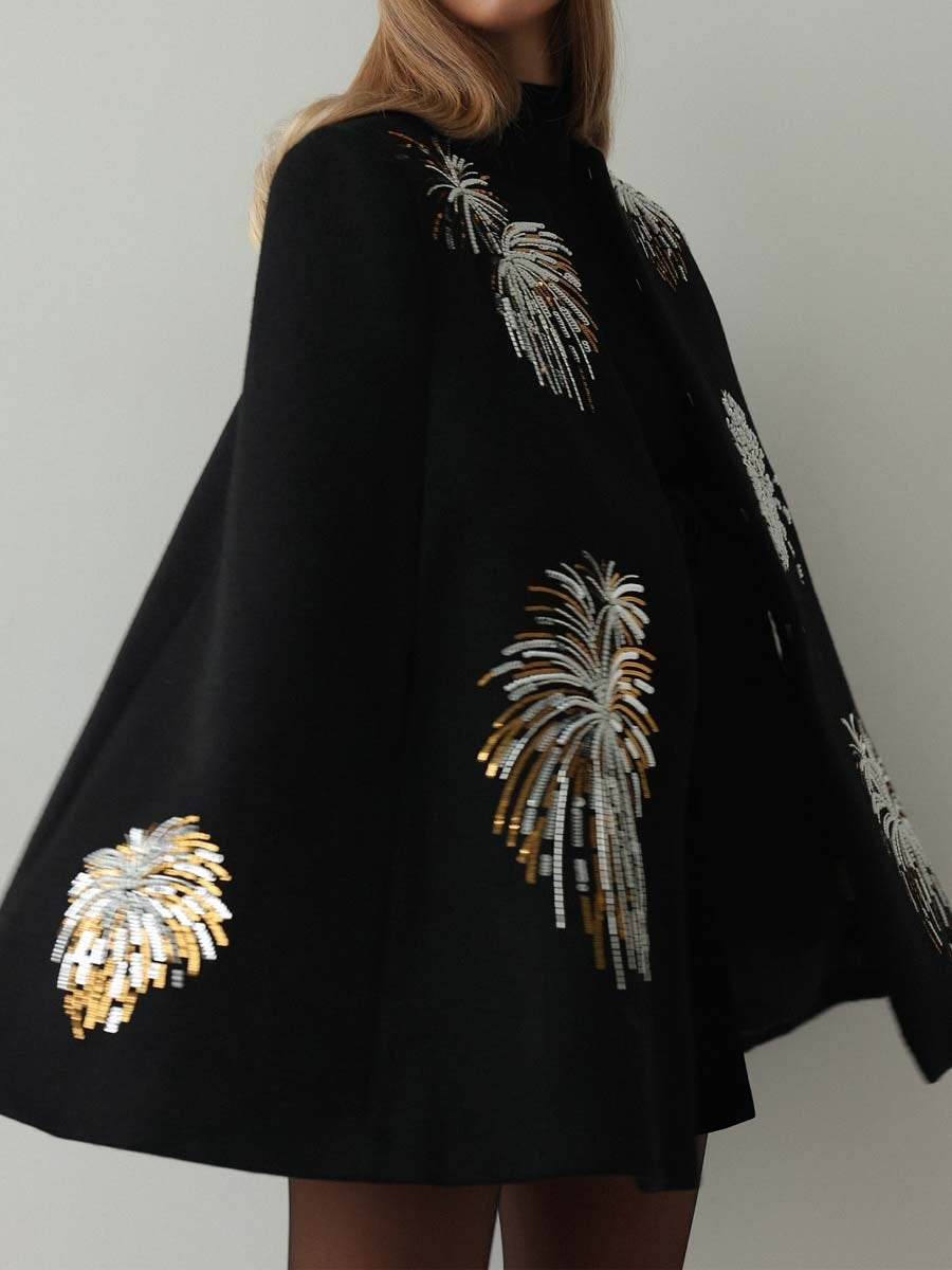 Sequin Embroidered Elegant Cape Coat