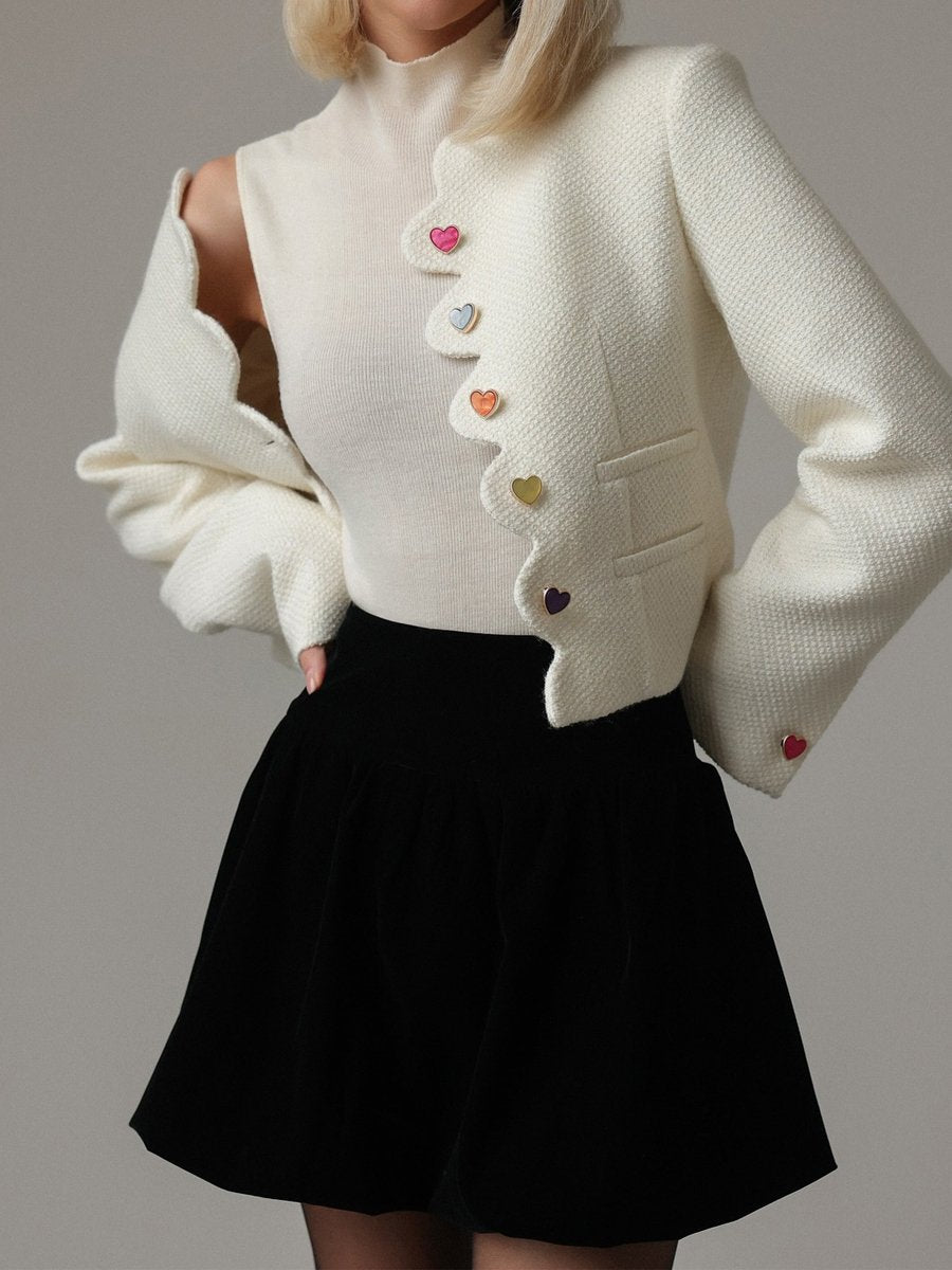 Elegant Tweed Love Button Trim Short Jacket