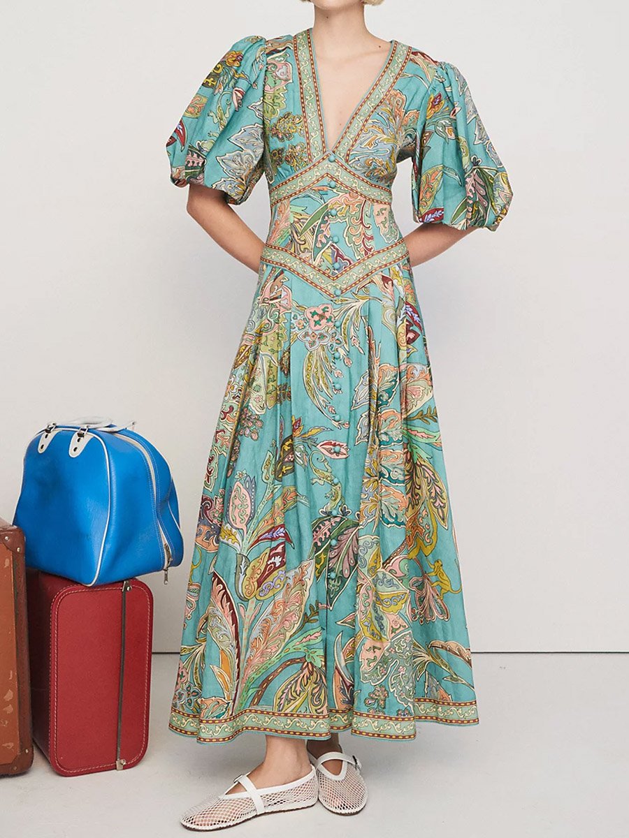 Puff Sleeve Pleated Deep V-neck Printed Maxi Dress