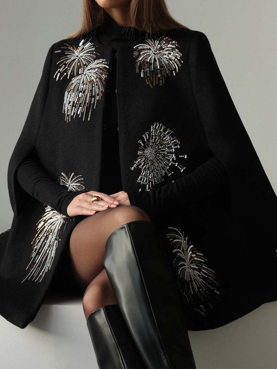 Sequin Embroidered Elegant Cape Coat