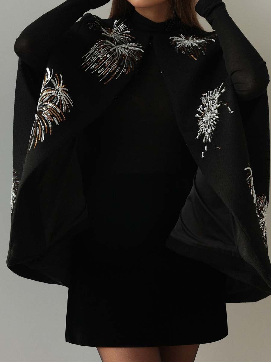 Sequin Embroidered Elegant Cape Coat