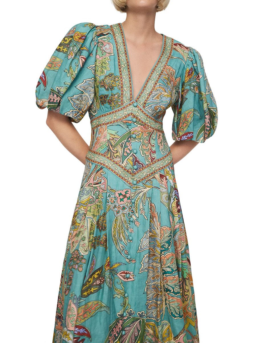 Puff Sleeve Pleated Deep V-neck Printed Maxi Dress