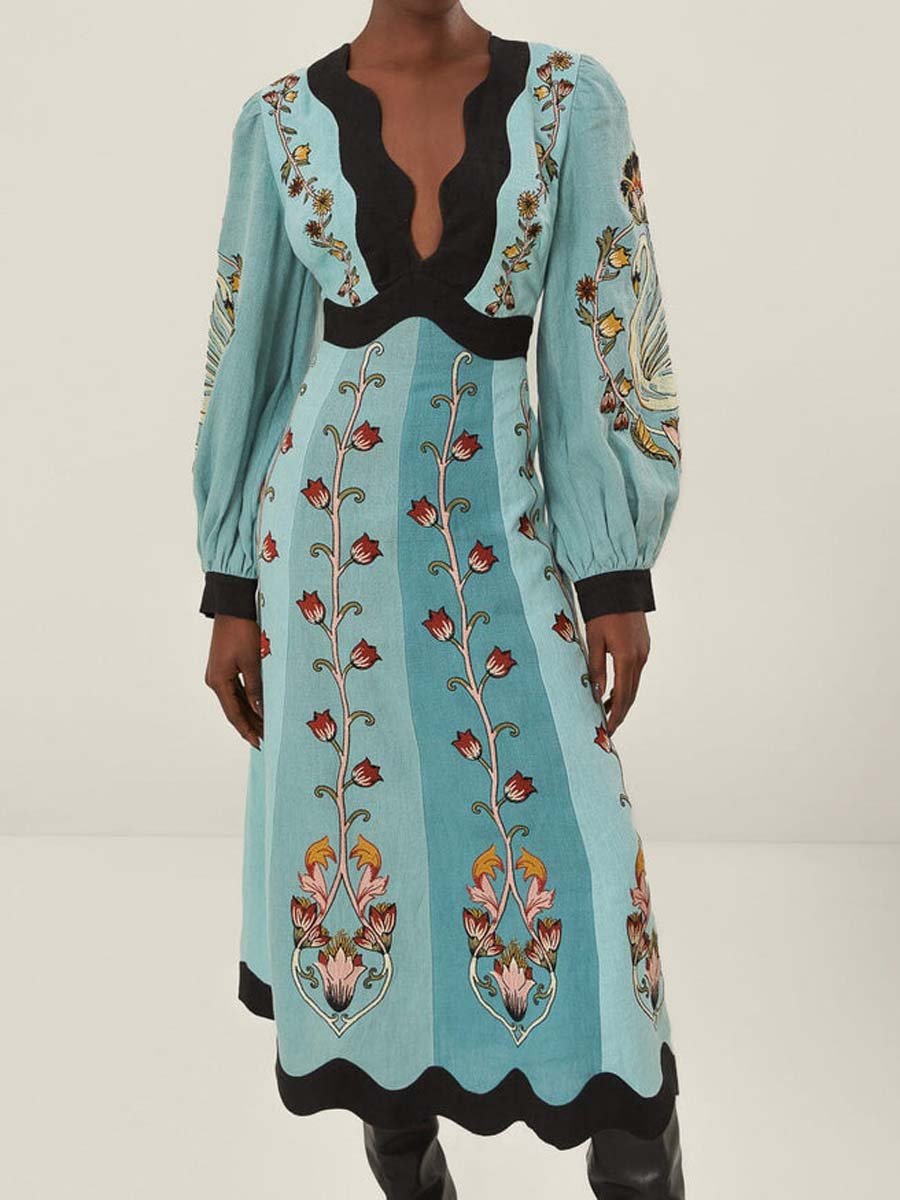 V-Neck Printed Backless Long Sleeve Midi Dress