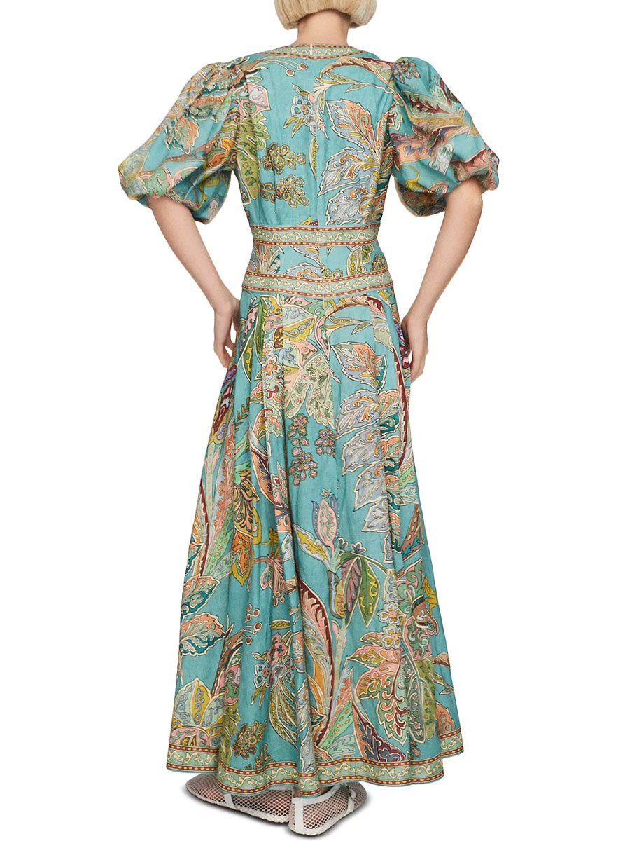 Puff Sleeve Pleated Deep V-neck Printed Maxi Dress