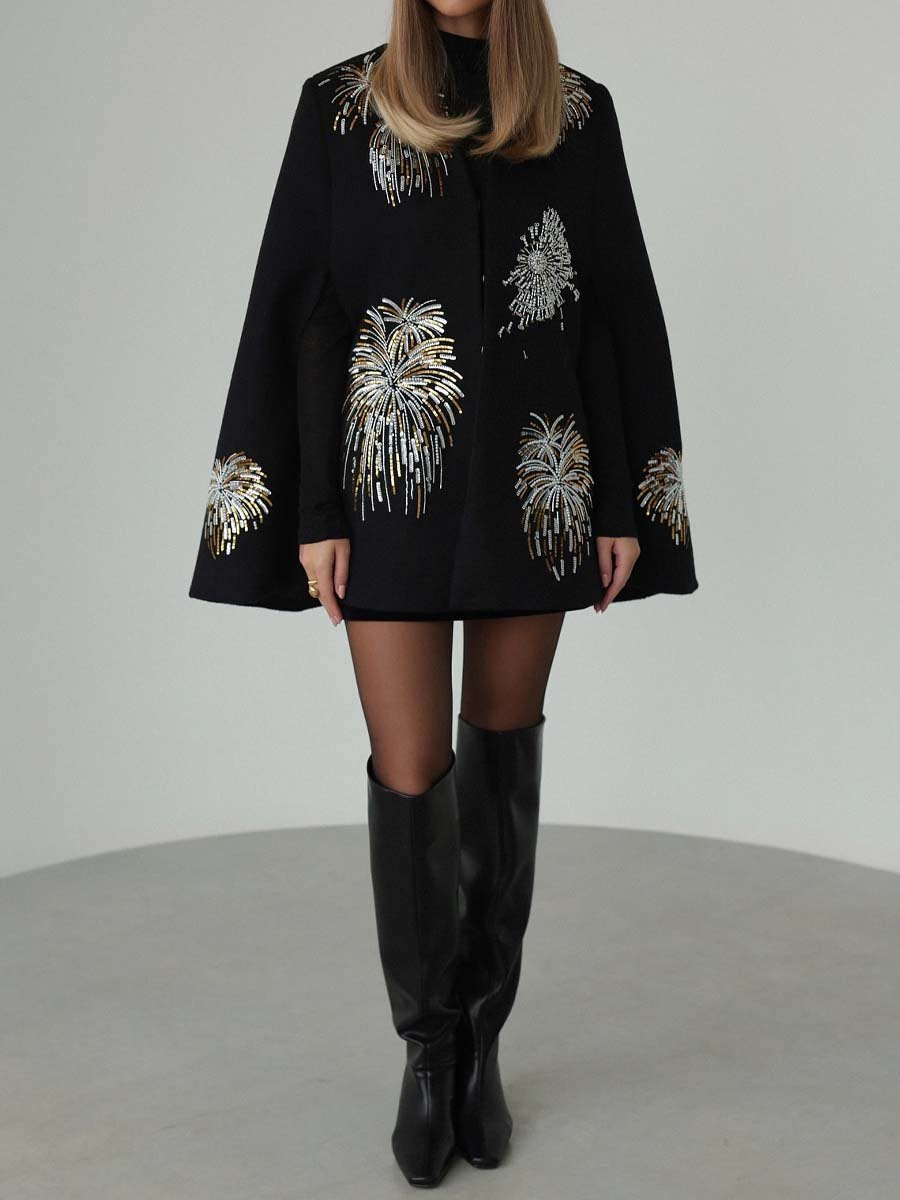 Sequin Embroidered Elegant Cape Coat