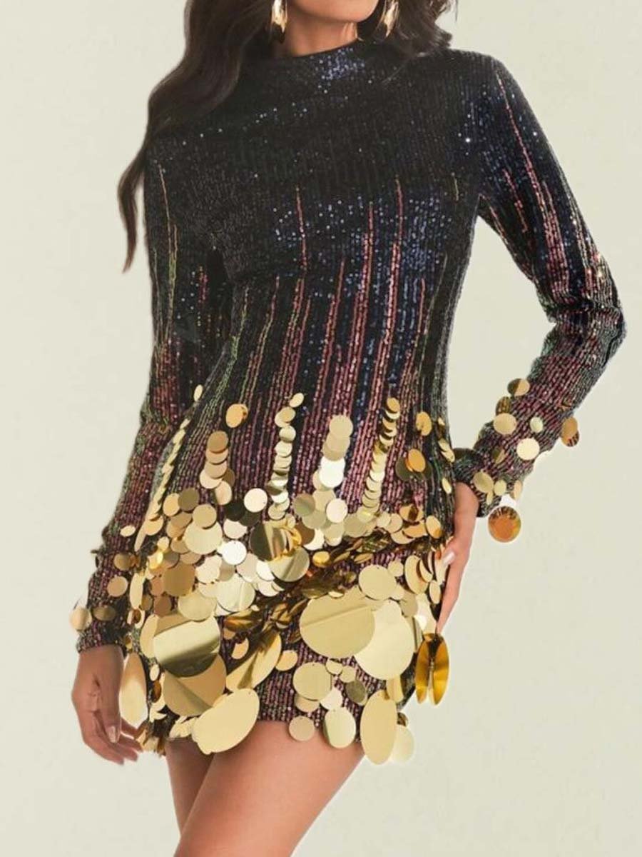 Sequined Fashion Long Sleeve Party Mini Dress