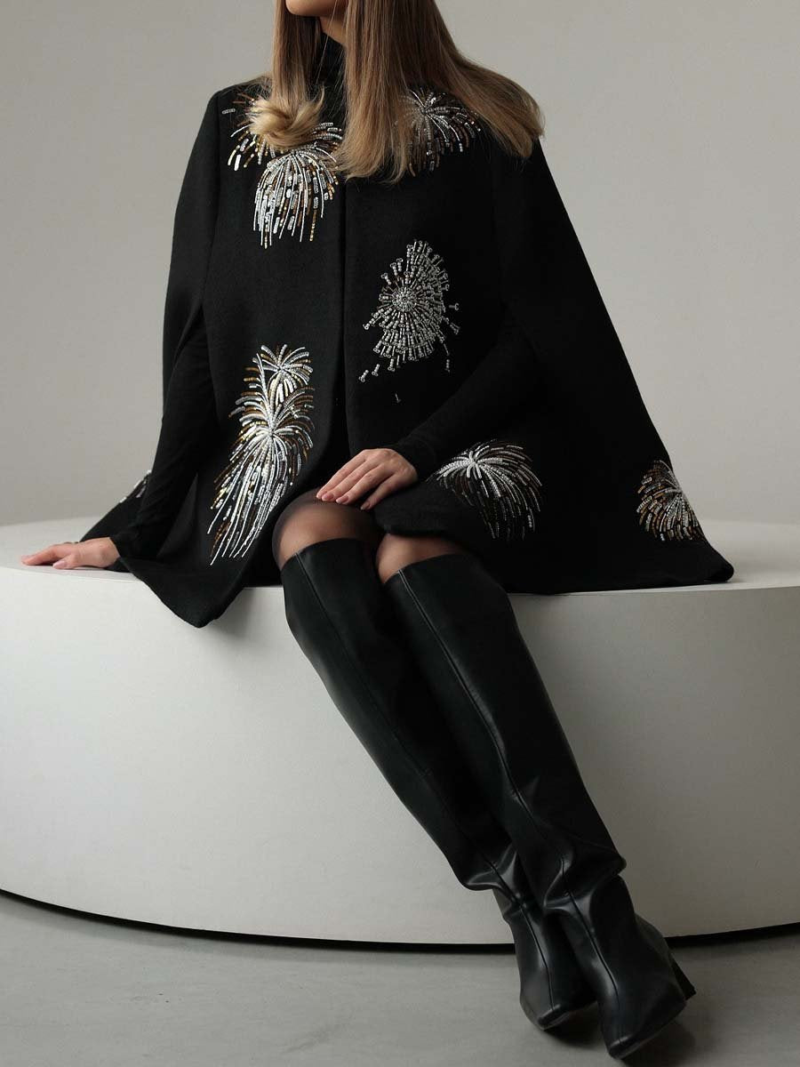 Sequin Embroidered Elegant Cape Coat