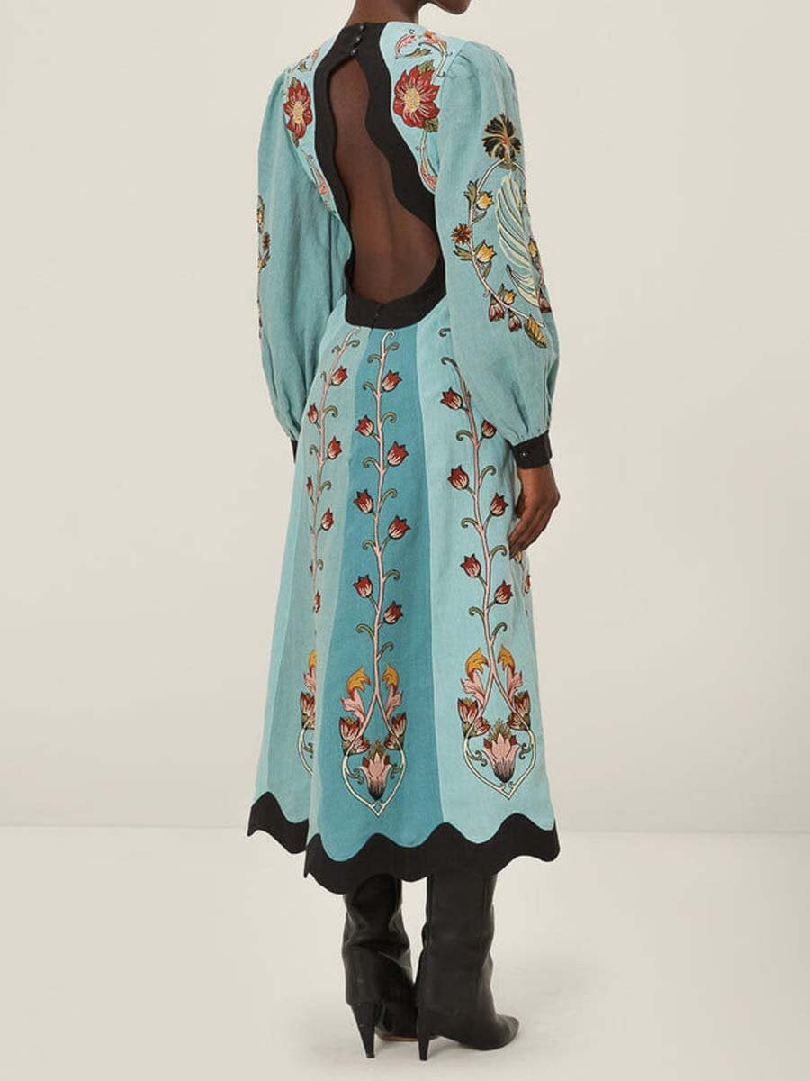 V-Neck Printed Backless Long Sleeve Midi Dress