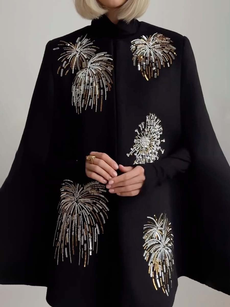 Sequin Embroidered Elegant Cape Coat