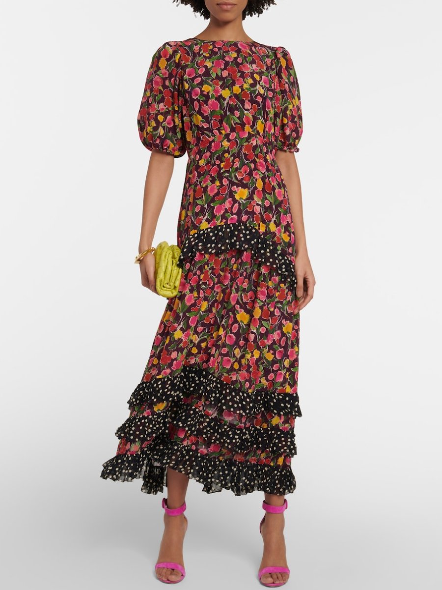 Multicolor Floral Silk Midi Dress