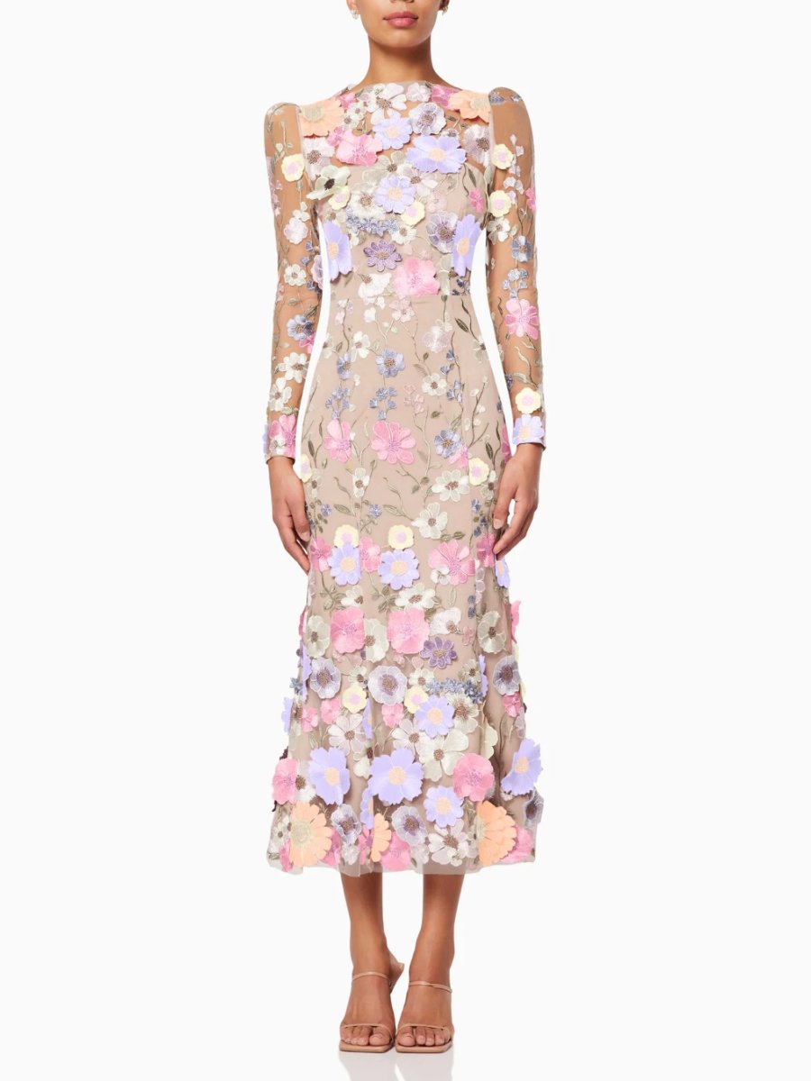 Pastel 3D Floral Midi Dress