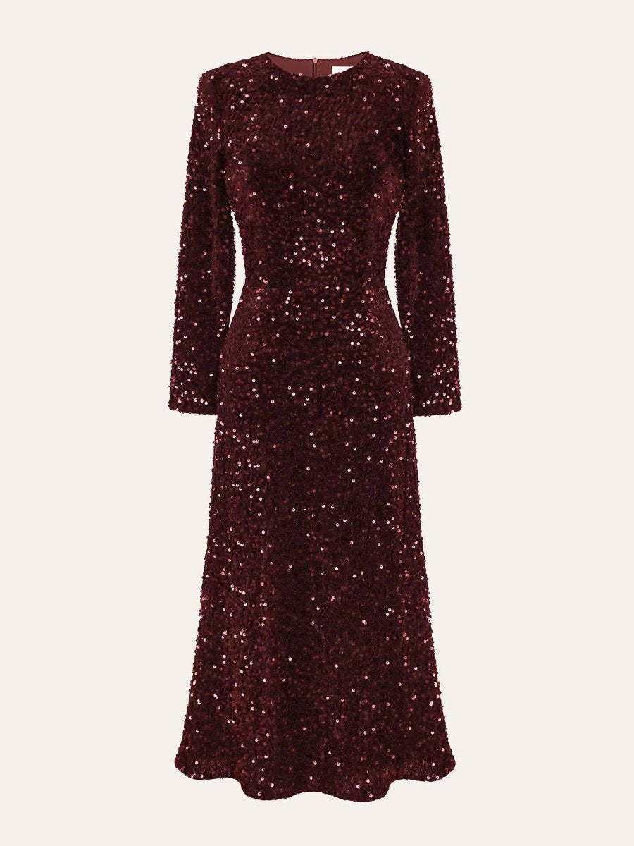 Red Sequin Decorated Long Sleeve Midi Dress