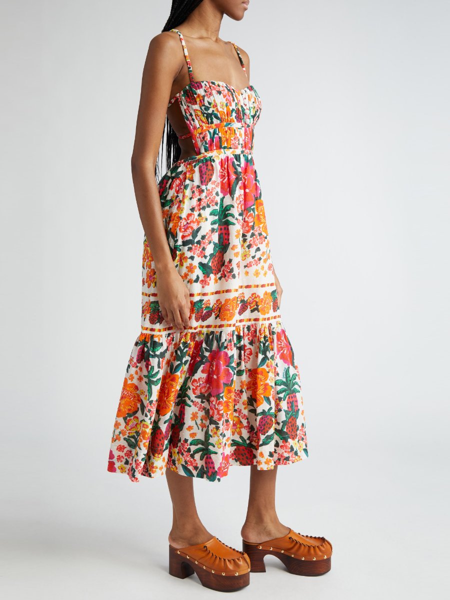 Floral Sketch Tiered Cotton Midi Dress