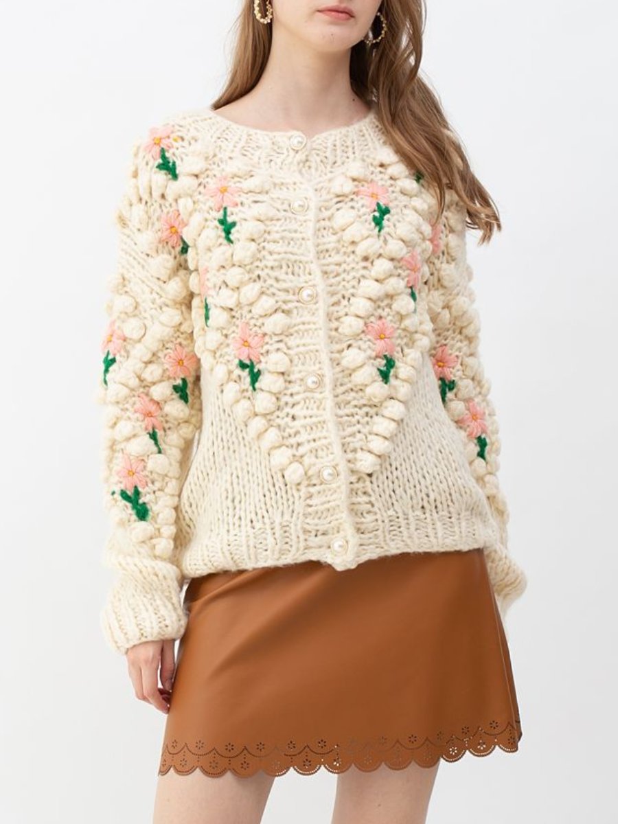 Floral Diamond Pom-Pom Knitted Cardigan