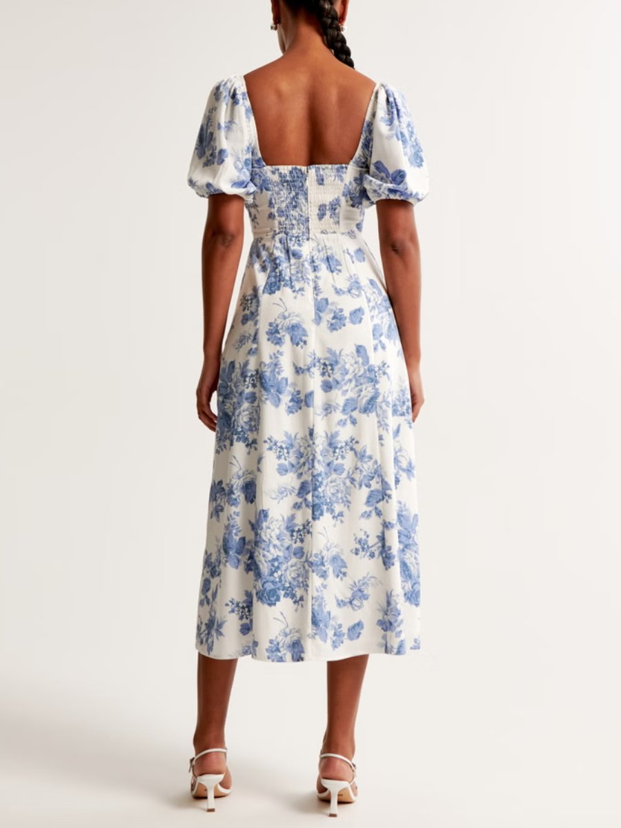 Blue Floral Short Sleeve Midi Dress