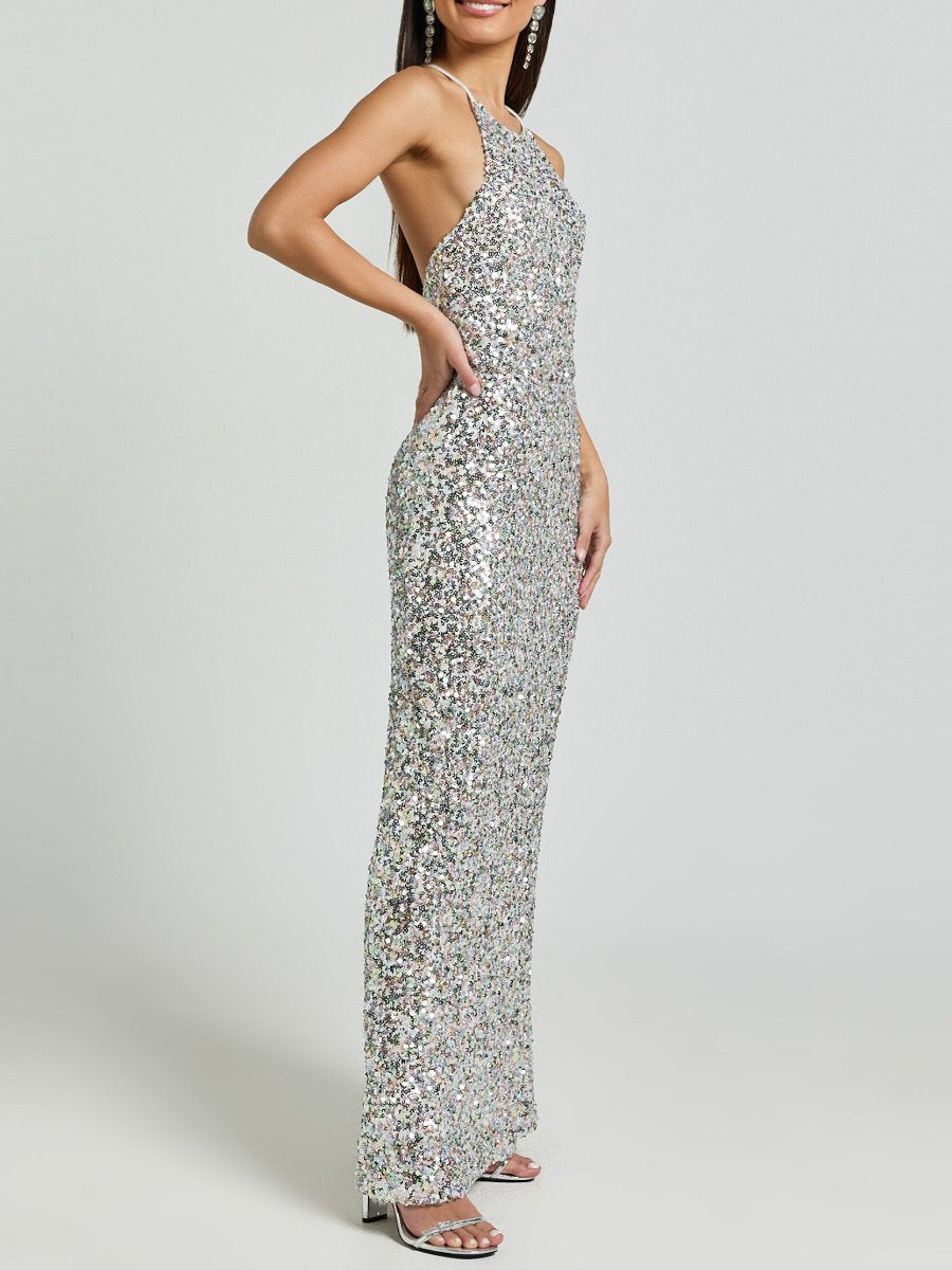 Halter Neck Cross Back Sequin Maxi Dress