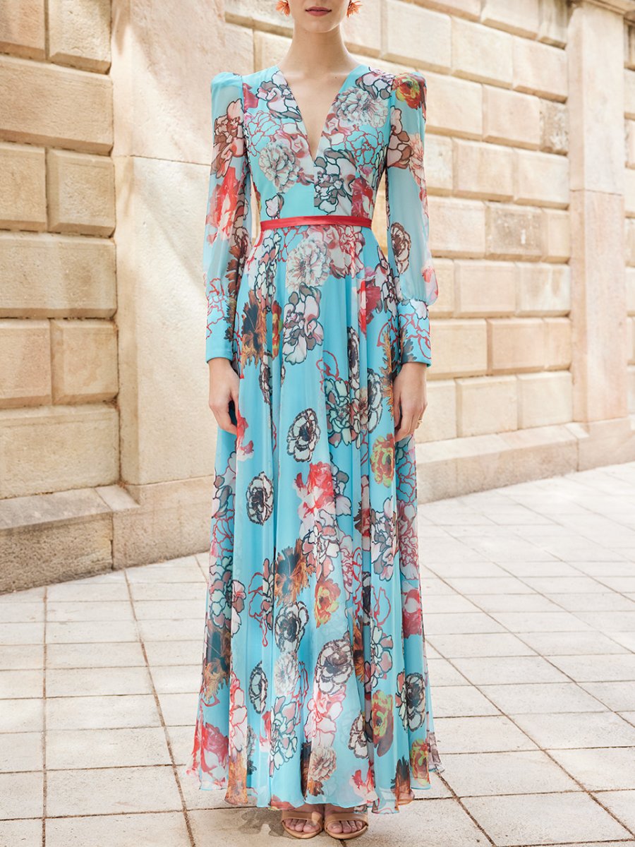 V-Neck Long Sleeve Floral Maxi Dress