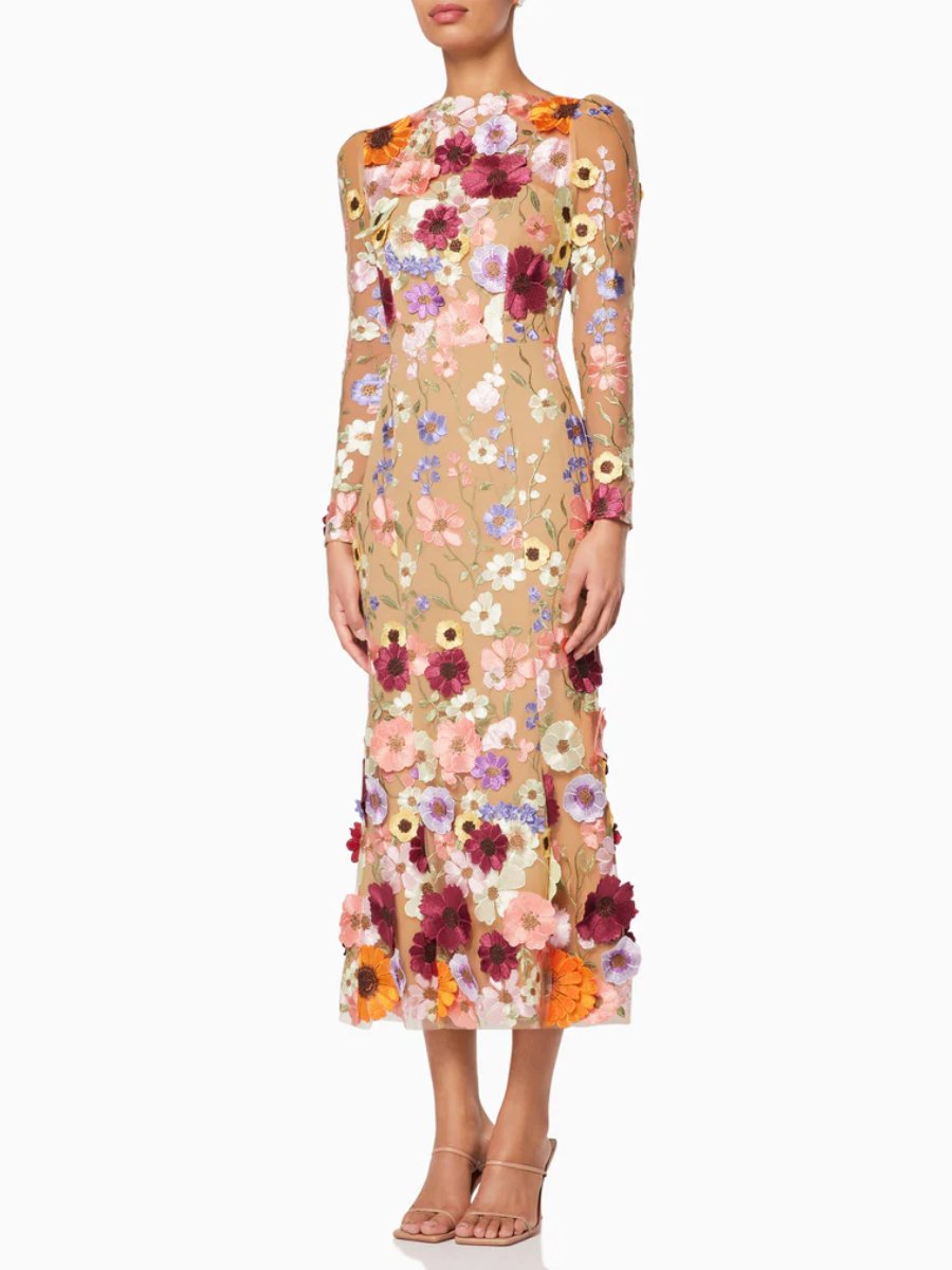 3D Floral Elegant Midi Dress