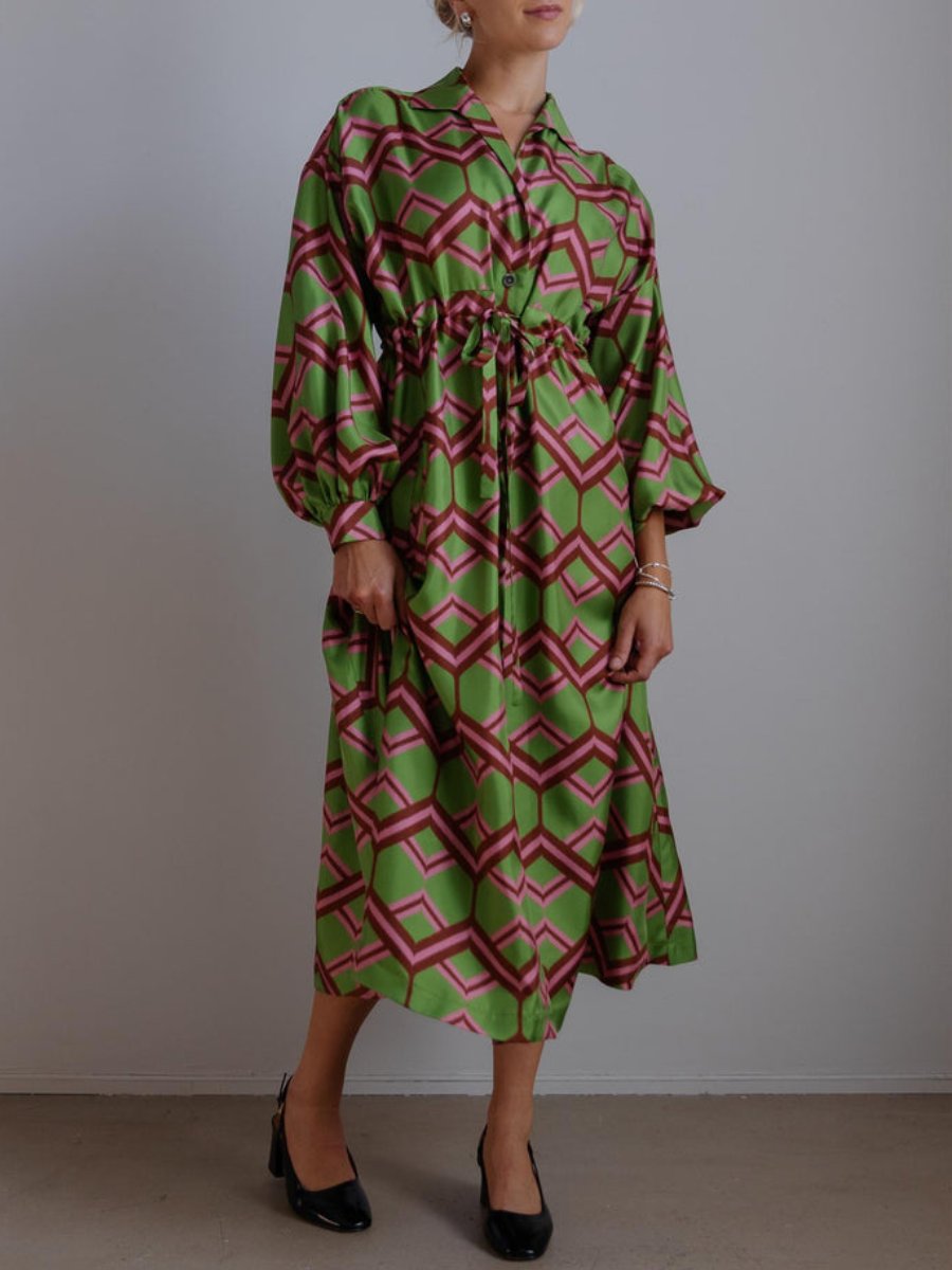 Vintage Geometric Pattern Silk Midi Dress