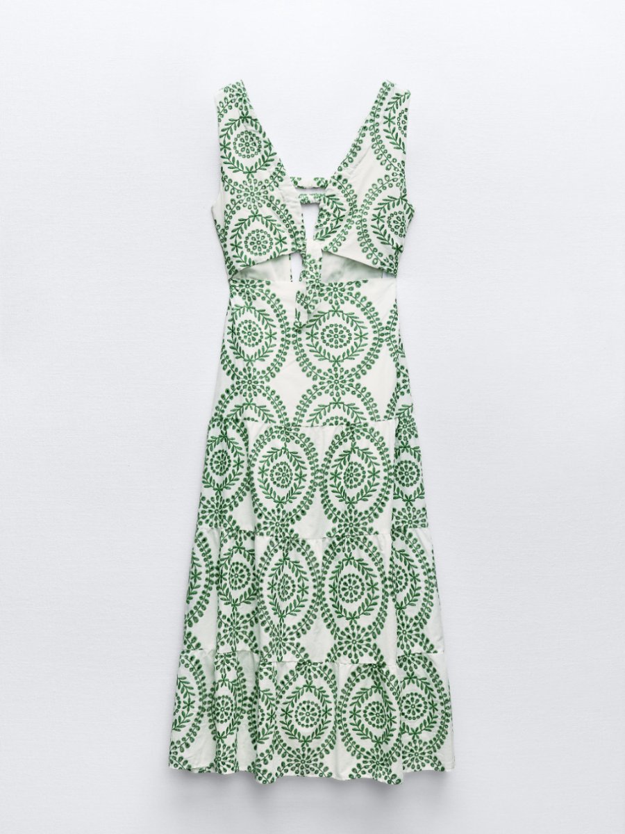 Perforated Knotted Embroidered Midi Dress