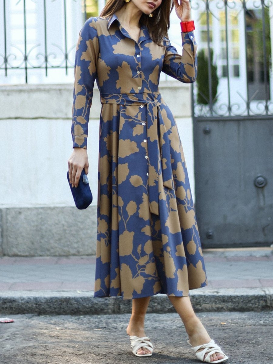 Long Sleeve Multi Color Printed Shirt Midi Dress