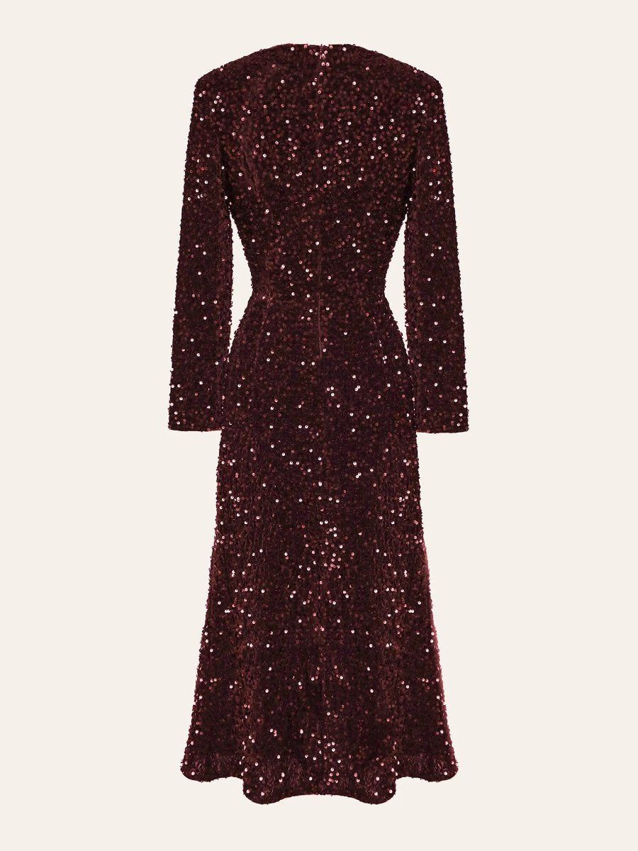 Red Sequin Decorated Long Sleeve Midi Dress