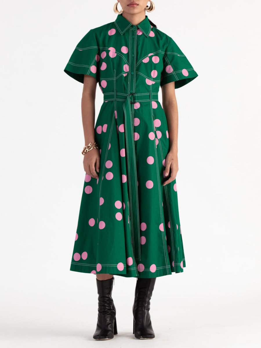 Detached Belt Green Shirt Midi Dress