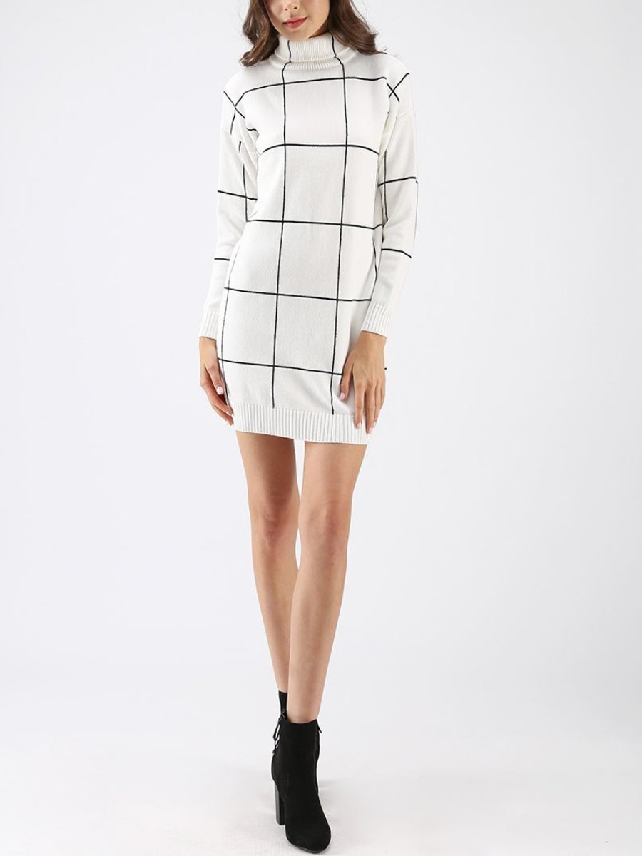 Warm Welcome Grid Turtleneck Sweater Dress