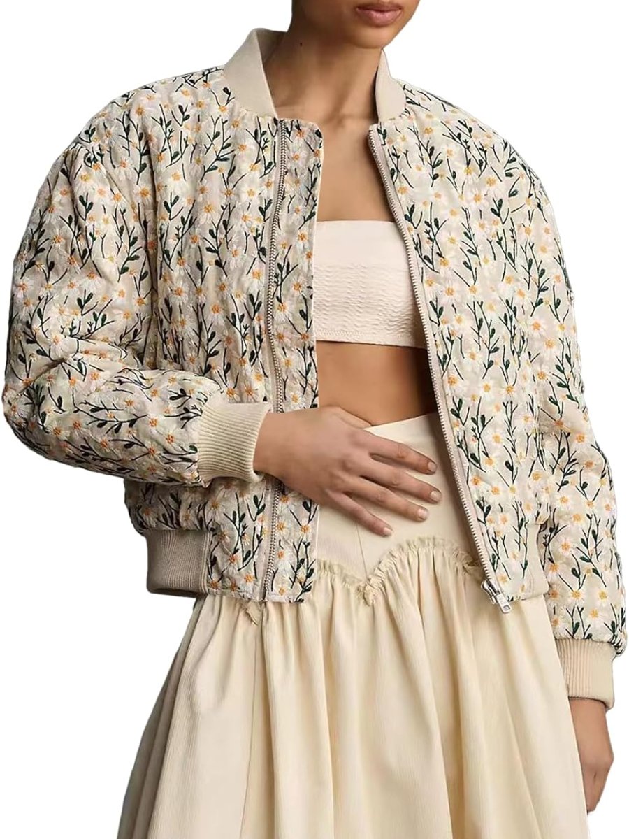 Embroidered Daisy Cropped Bomber Jacket