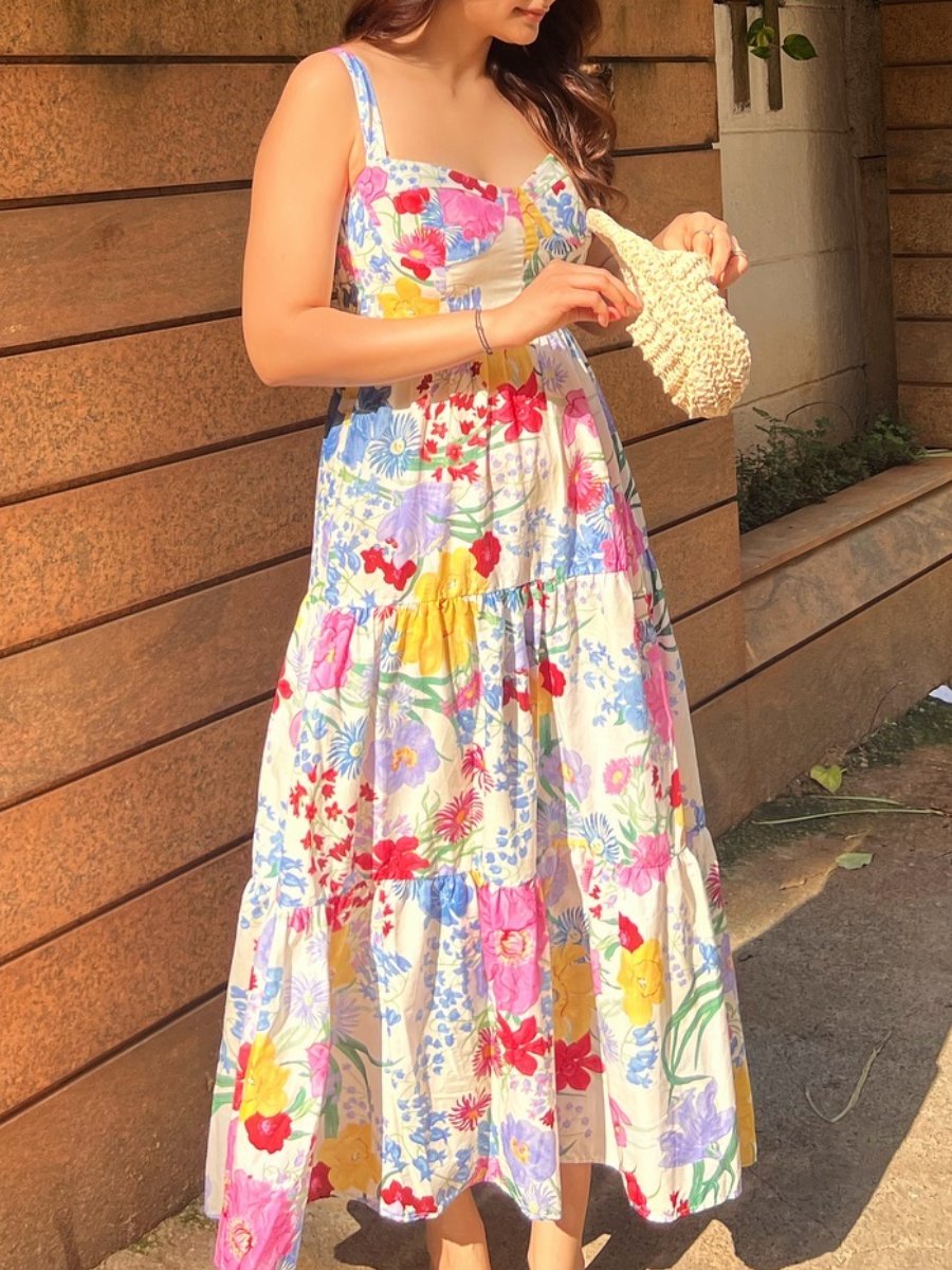 Colorful Floral Print Sweetheart Neck Midi Dress