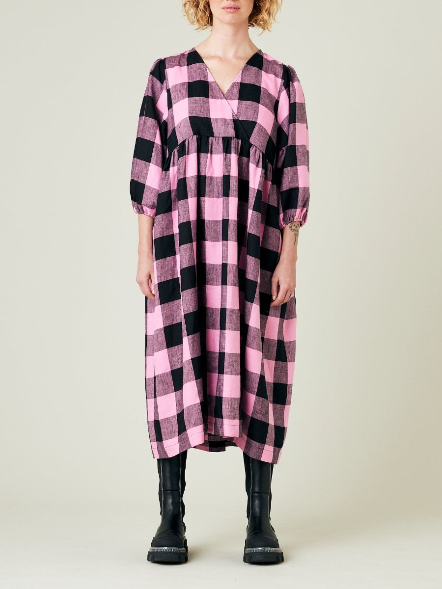 Pink And Black Check Linen Midi Dress